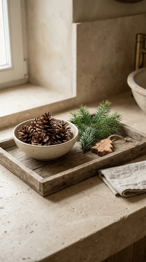 Traditional Christmas bathroom with forest-green towels, red berries, and subtle plaid accents.
