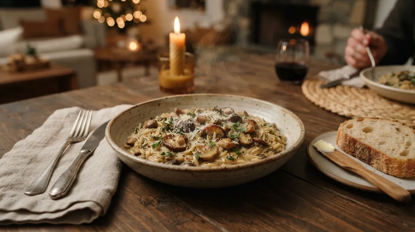 Creamy mushroom orzo with thyme and Parmesan served as an easy one-pot winter dinner.