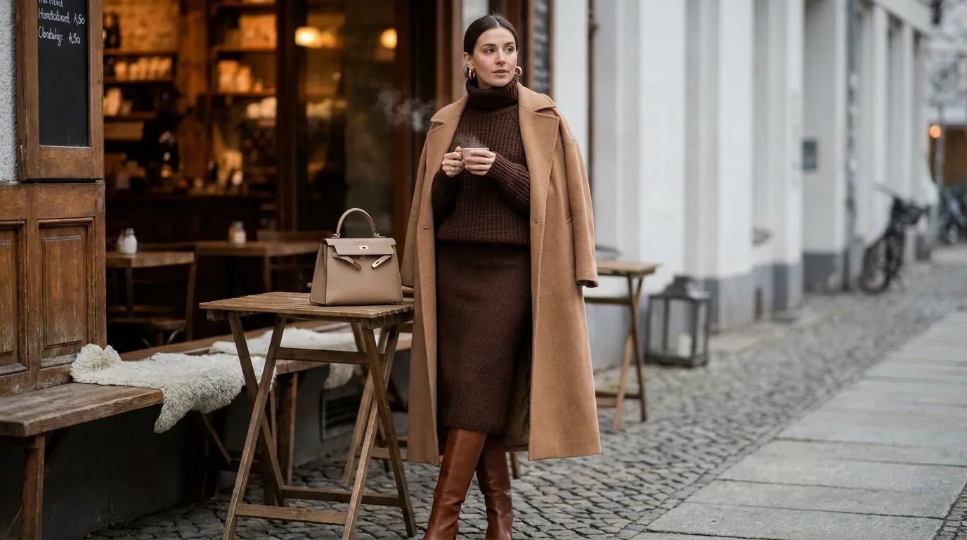 Classic black dress and boots styled with a romantic blush pink winter coat.