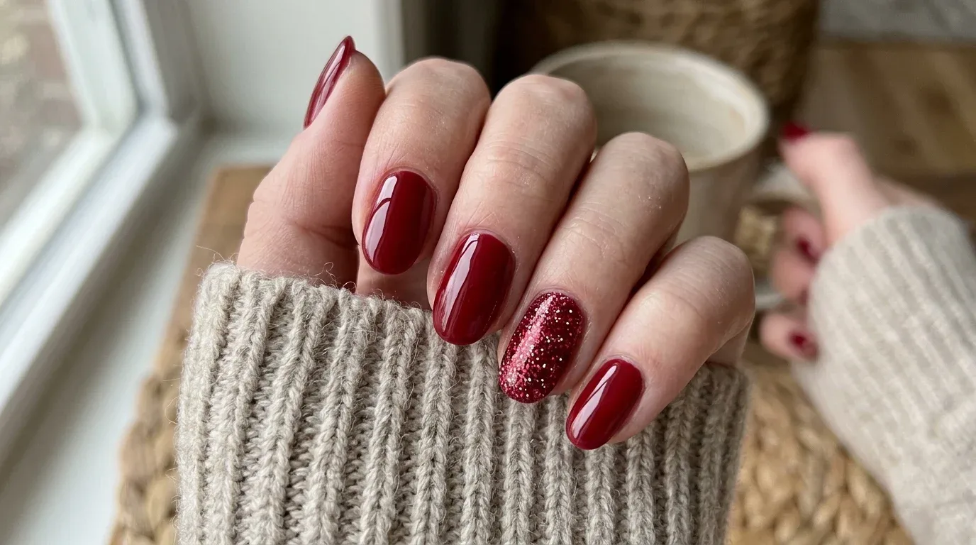 Glossy red Valentine's nails with sparkling ruby glitter accent nails for winter celebrations.
