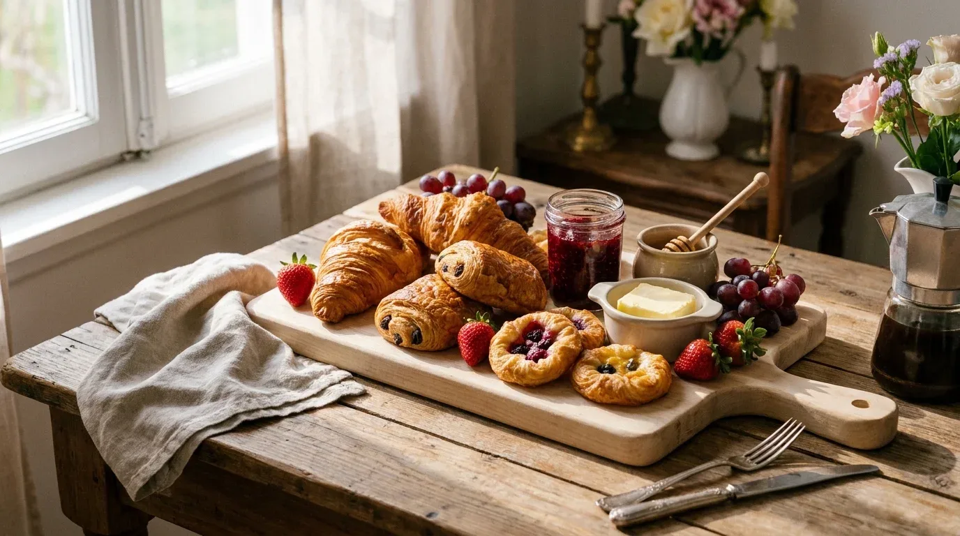 Mini bagels with assorted cream cheese spreads, strawberry jam, fresh fruit, cucumber, and tomatoes.