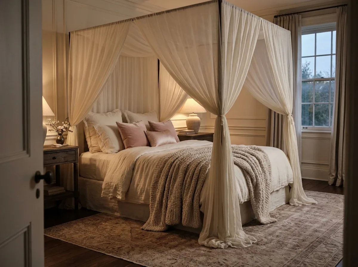 Ivory sheer bed canopy with blush pillows and cozy winter bedding for romantic bedroom decor.