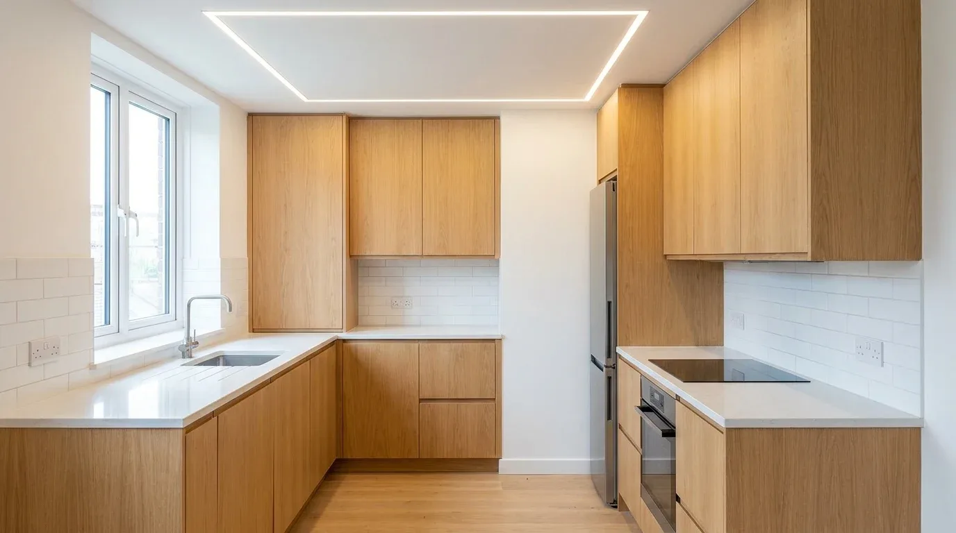 Two-level false ceiling adding depth to a spacious kitchen