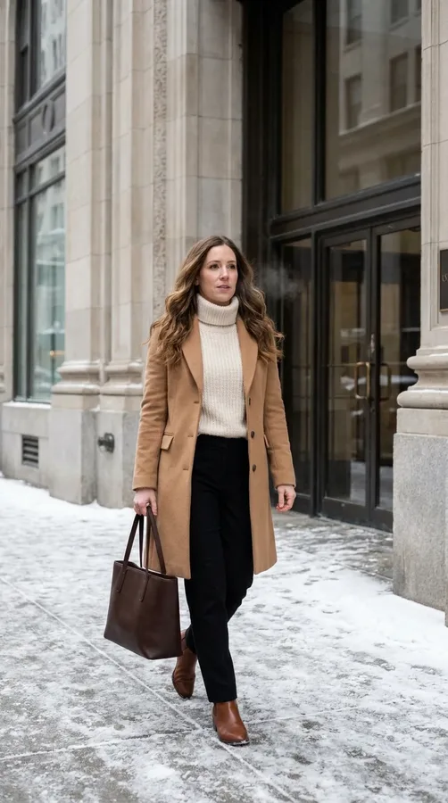 Classic camel coat, cream sweater, black trousers, and brown ankle boots for winter commuting.