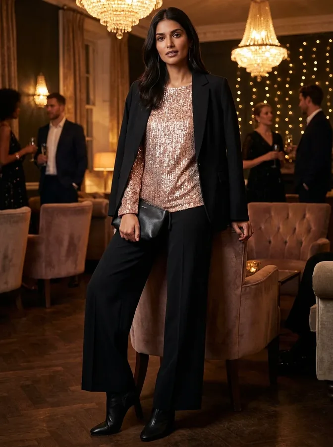 Rose-gold sequin top with tailored black trousers and a blazer for a glamorous winter night out.