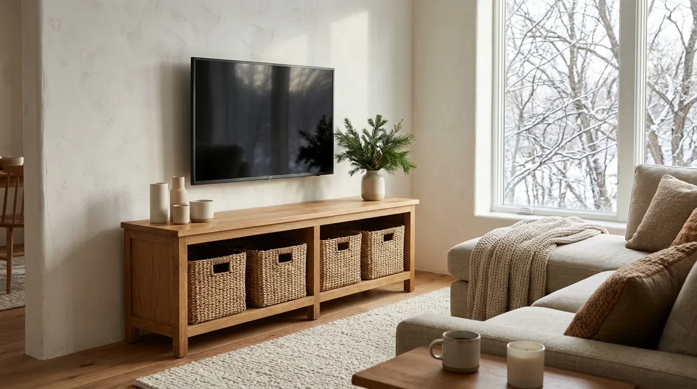 Woven seagrass baskets organize a TV stand while adding natural winter texture.