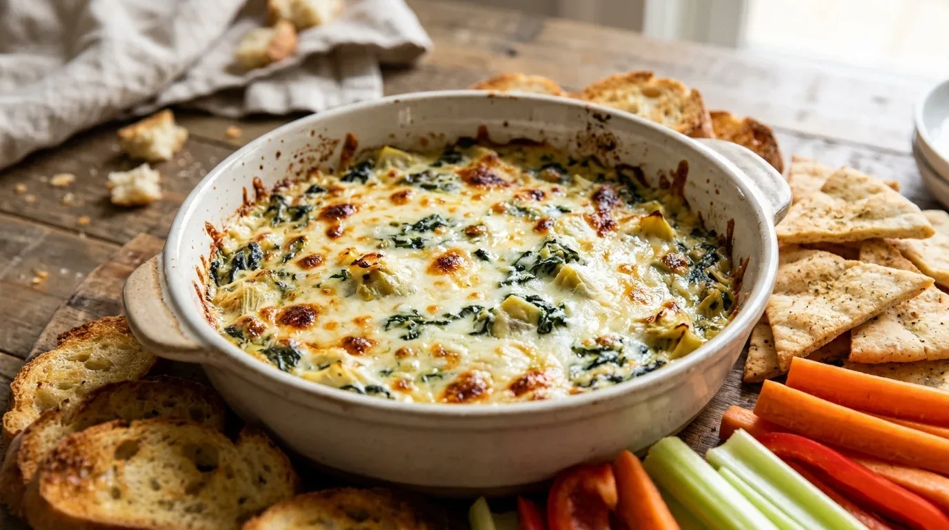 Warm spinach and artichoke dip topped with melted cheese and served with bread and vegetables.