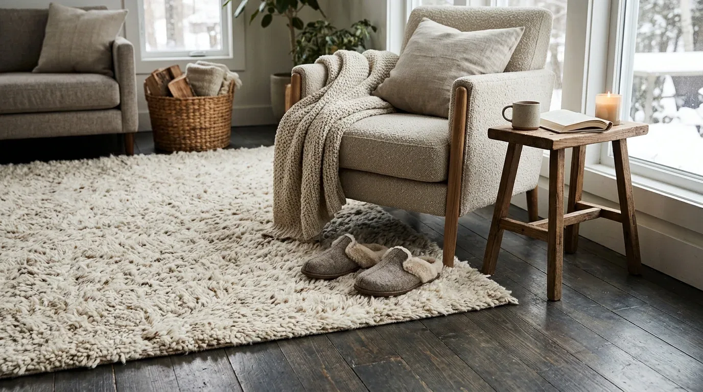 A thick area rug makes cold flooring feel warmer and more comfortable in winter.
