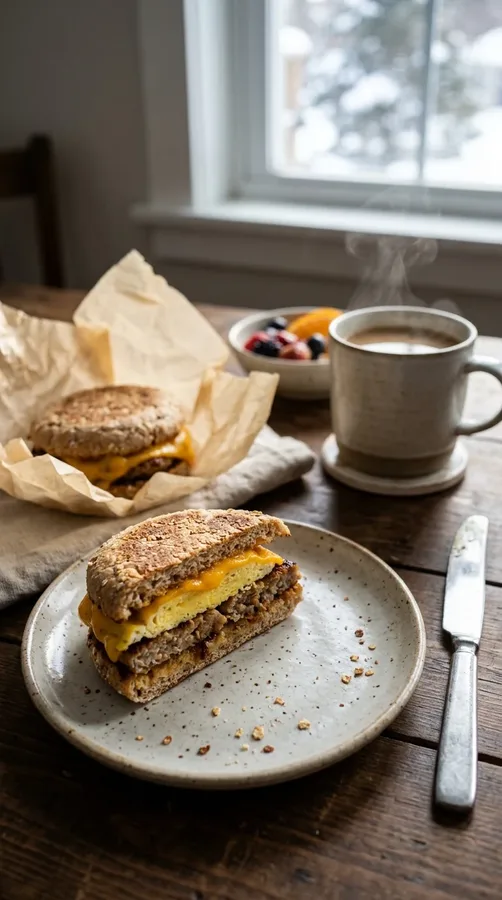 Meal-prep breakfast sandwiches with eggs, sausage, and melted cheese on whole-grain muffins.