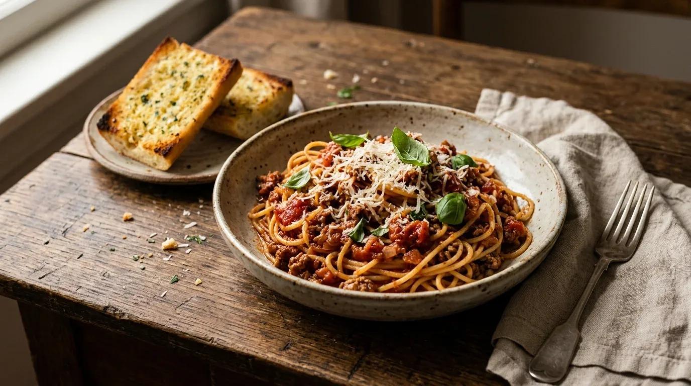 One-pot spaghetti with ground beef, rich tomato sauce, fresh basil, and grated Parmesan.