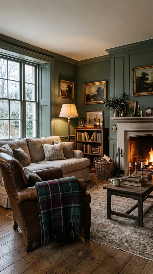 A traditional tartan blanket and leather armchair bring heritage-inspired winter charm.