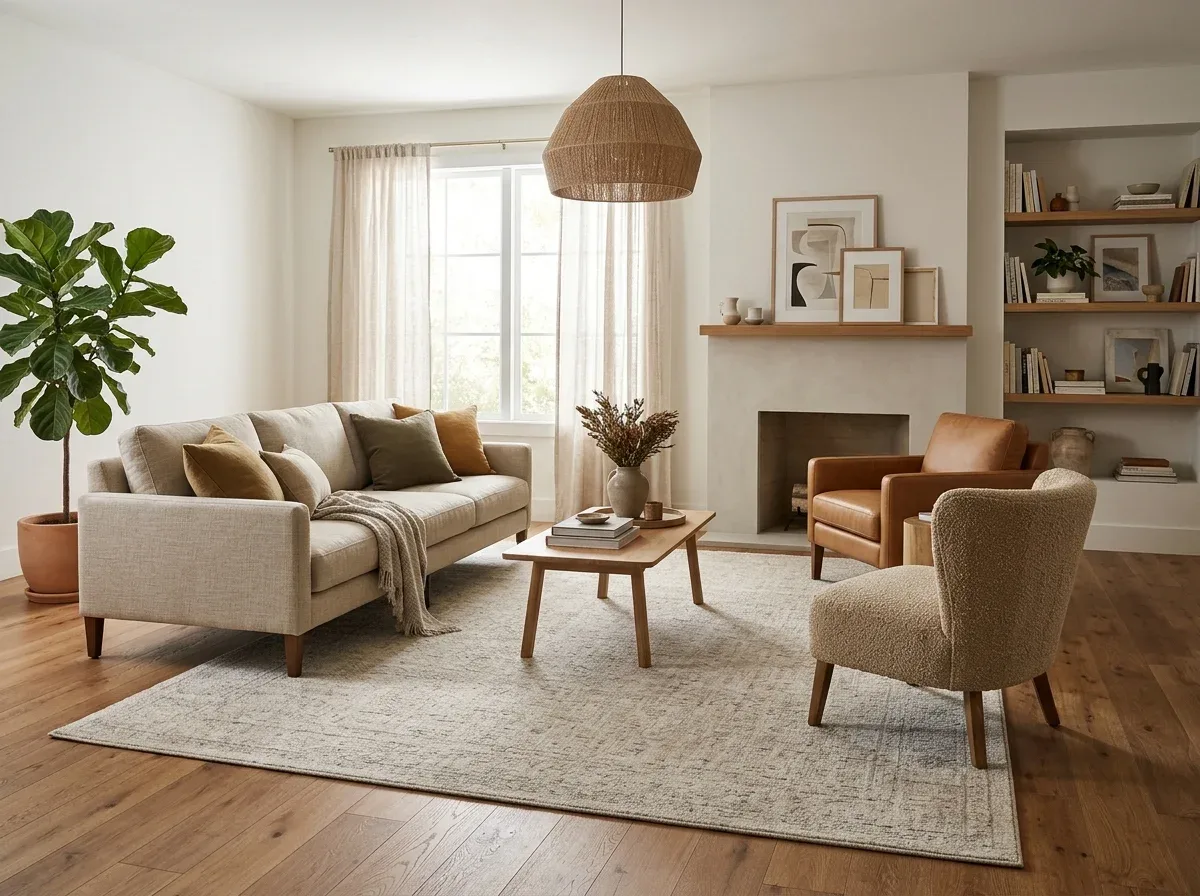 A generously sized living room rug connecting the sofa and accent chairs into one seating area.