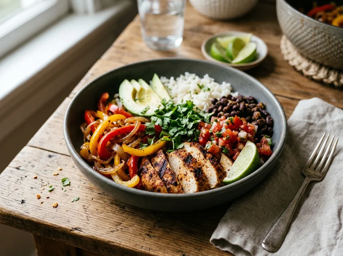 Chicken fajita rice bowl with peppers, onions, black beans, avocado, and salsa.
