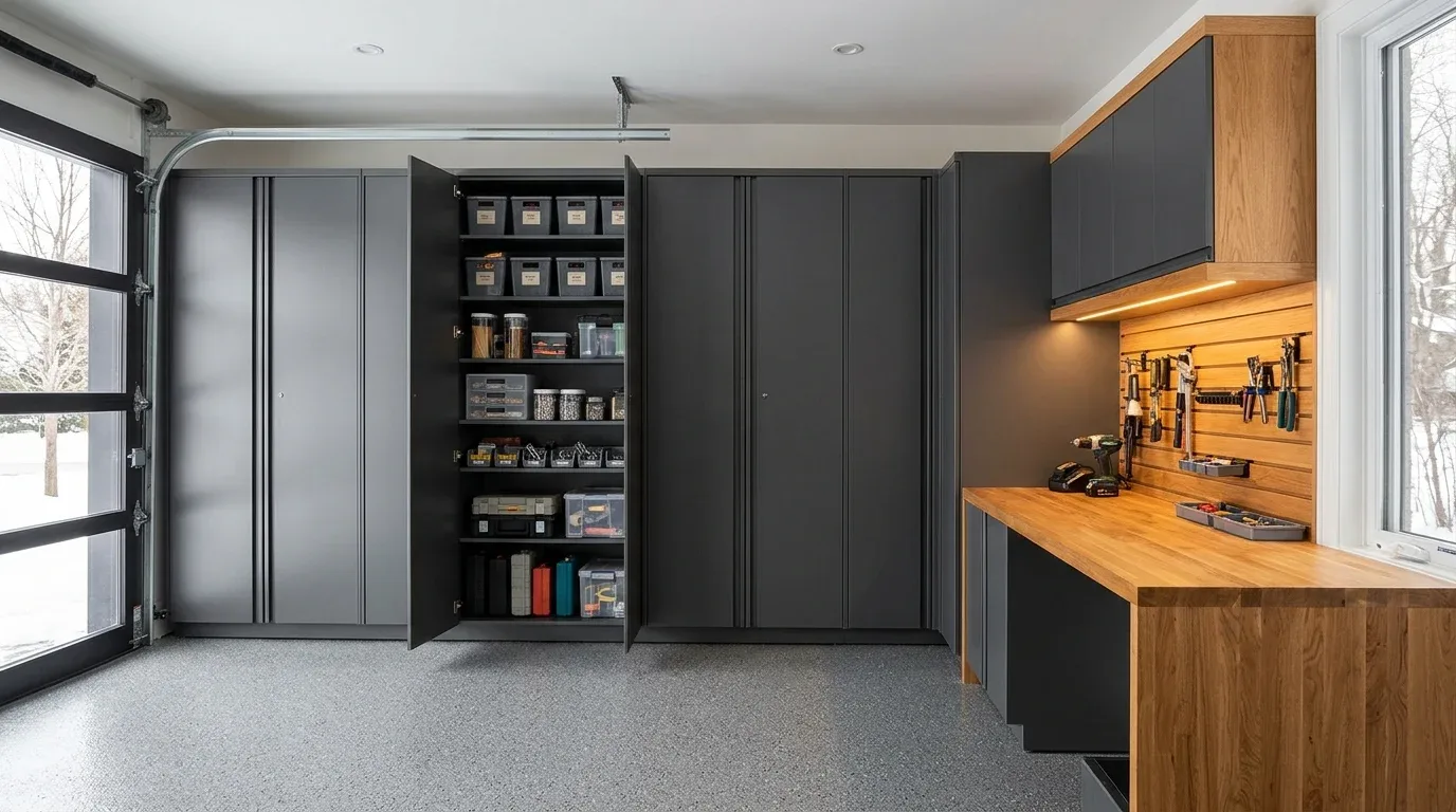 Modern garage with coordinated closed storage cabinets for a clean and uncluttered appearance.