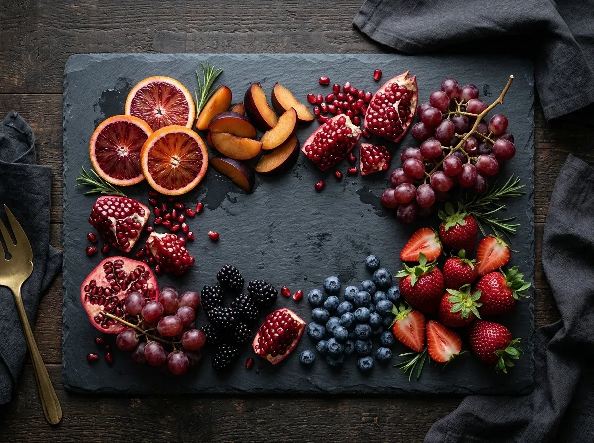 Jewel-toned winter fruit platter with pomegranate, strawberries, blueberries, blackberries, grapes, and blood oranges.