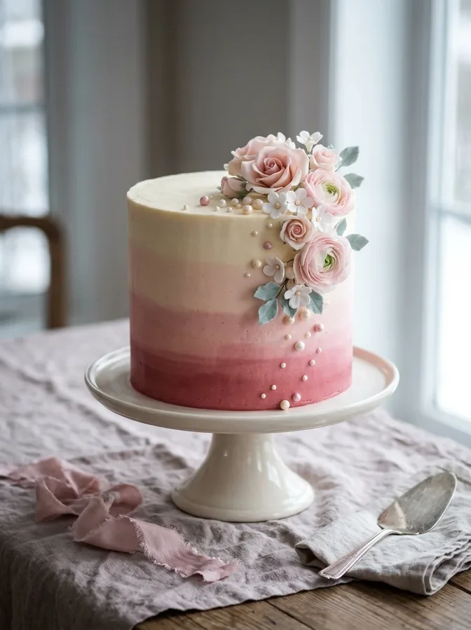 Pink hot chocolate cake with chocolate drizzle, marshmallows, and heart-shaped candies.