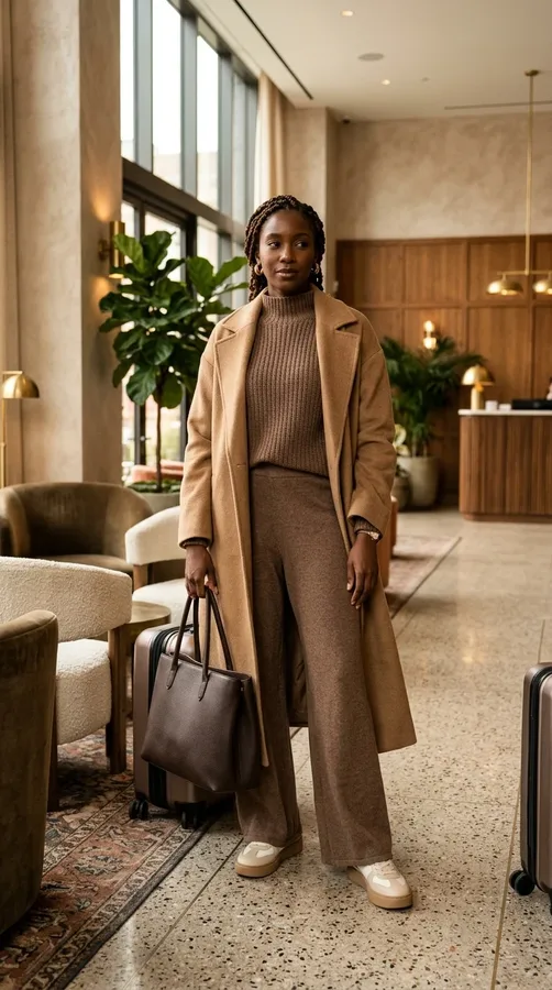 Black woman in a matching mocha knit set layered with a long camel coat.