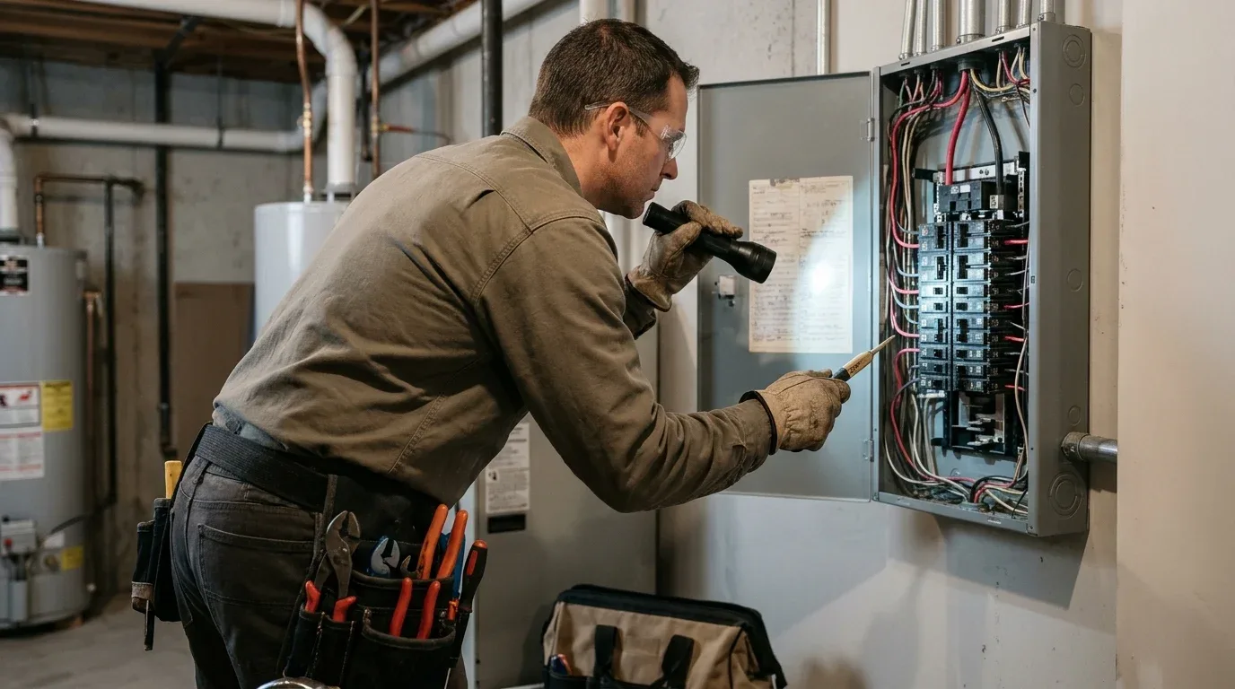 Electrician checking a home's electrical panel before renovation work