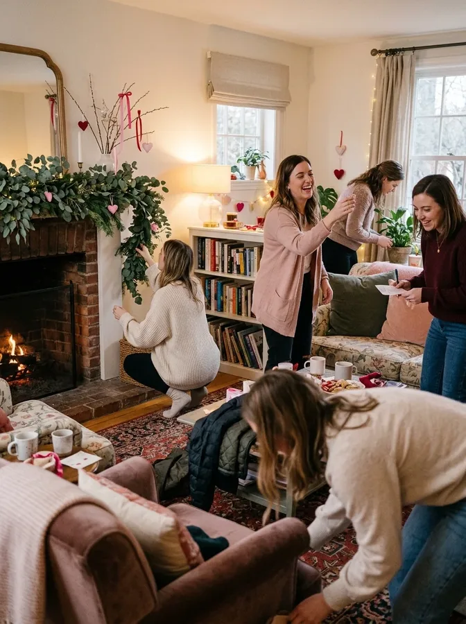 Friends searching for hidden heart decorations during a Galentine's scavenger hunt.