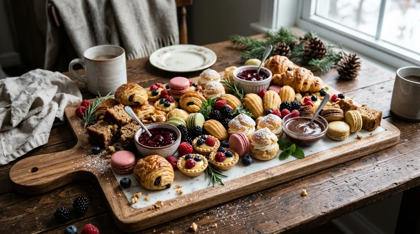 S'mores dessert board with graham crackers, marshmallows, chocolate squares, cookies, and strawberries.