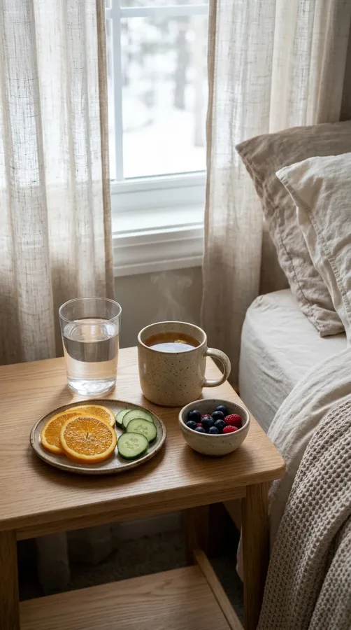 Water, herbal tea, and water-rich fruits arranged for winter hydration.