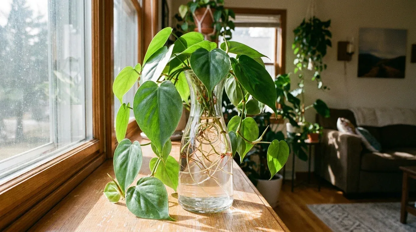 Begonia stem cutting growing roots in water