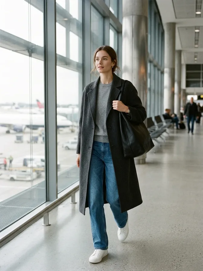 Gray sweater and relaxed blue jeans paired with a charcoal coat and white sneakers for winter travel.