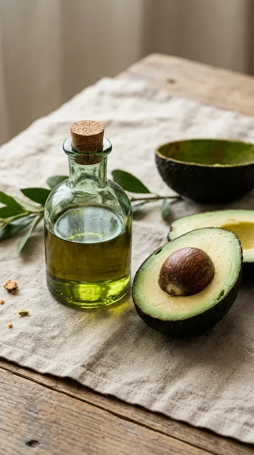 Avocado oil and a fresh avocado for conditioning dry and textured hair