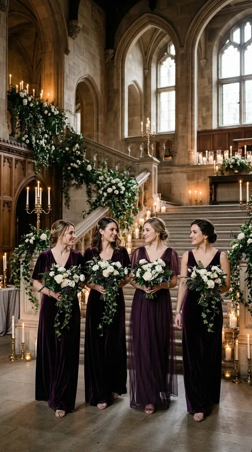 Plum bridesmaid dresses with ivory flowers and antique gold wedding details.