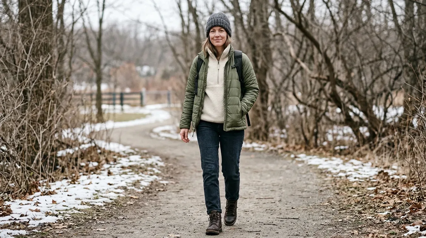Cream fleece pullover paired with dark jeans, hiking-inspired boots, and an olive insulated jacket.