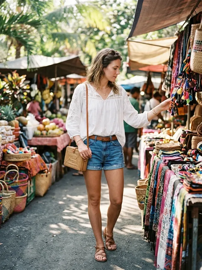 Denim shorts and a breezy blouse styled for a tropical market visit.