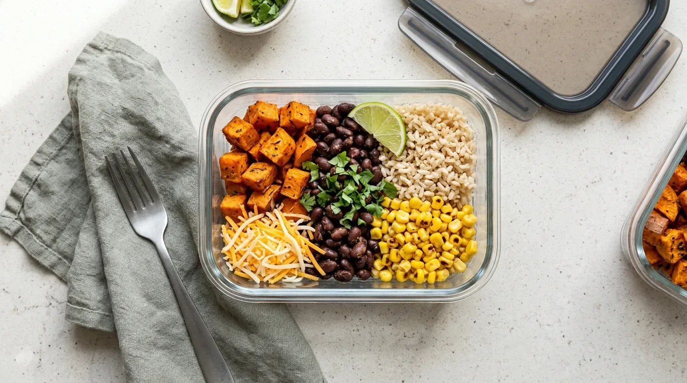 Meal prep bowl with roasted sweet potatoes, black beans, brown rice, and corn.
