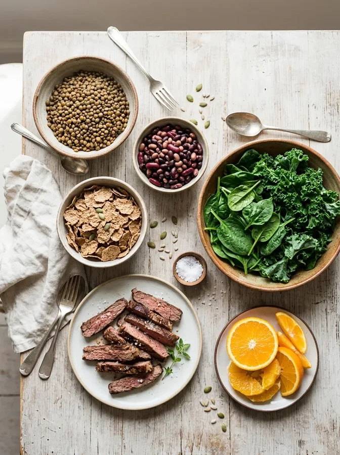 Iron-rich foods and vitamin C sources arranged for a balanced meal.