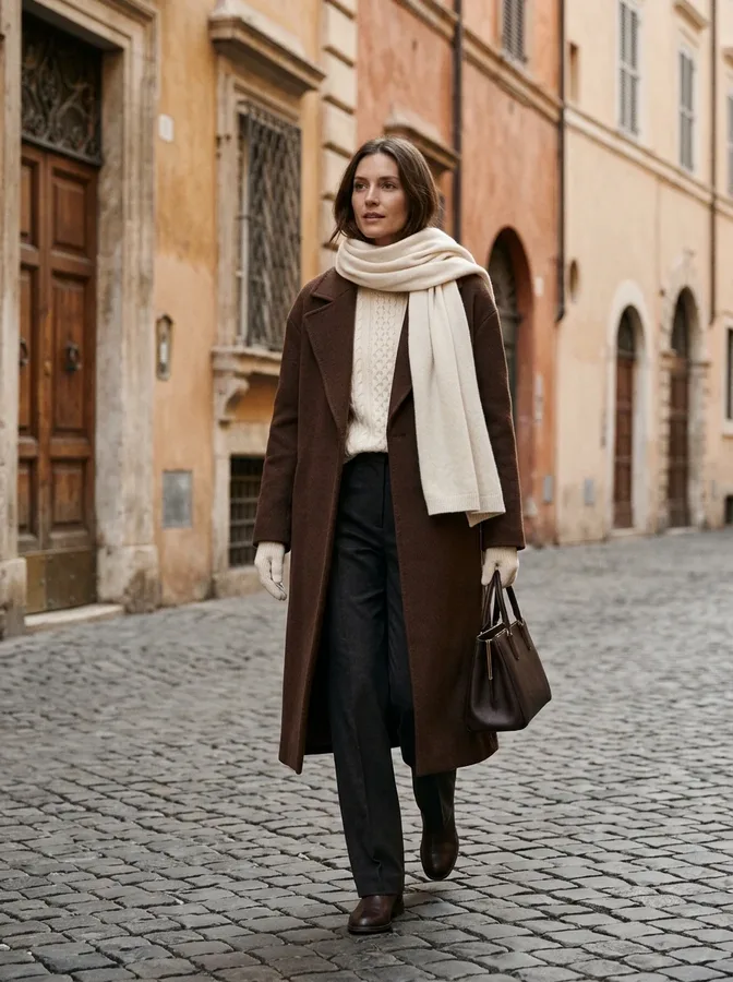 Chocolate brown coat and cream accessories styled with tailored trousers for a sophisticated winter vacation.