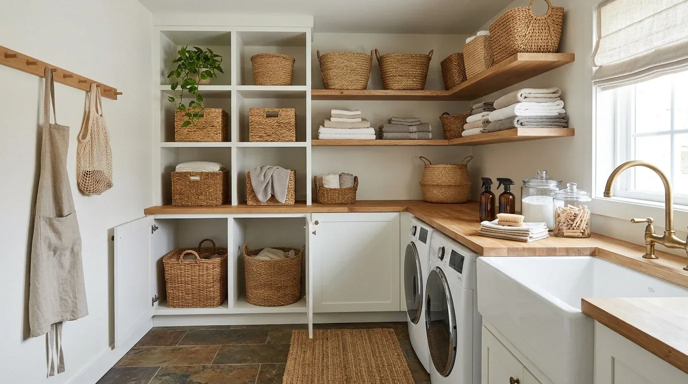 Woven baskets and natural fiber storage organizing a warm farmhouse laundry room.