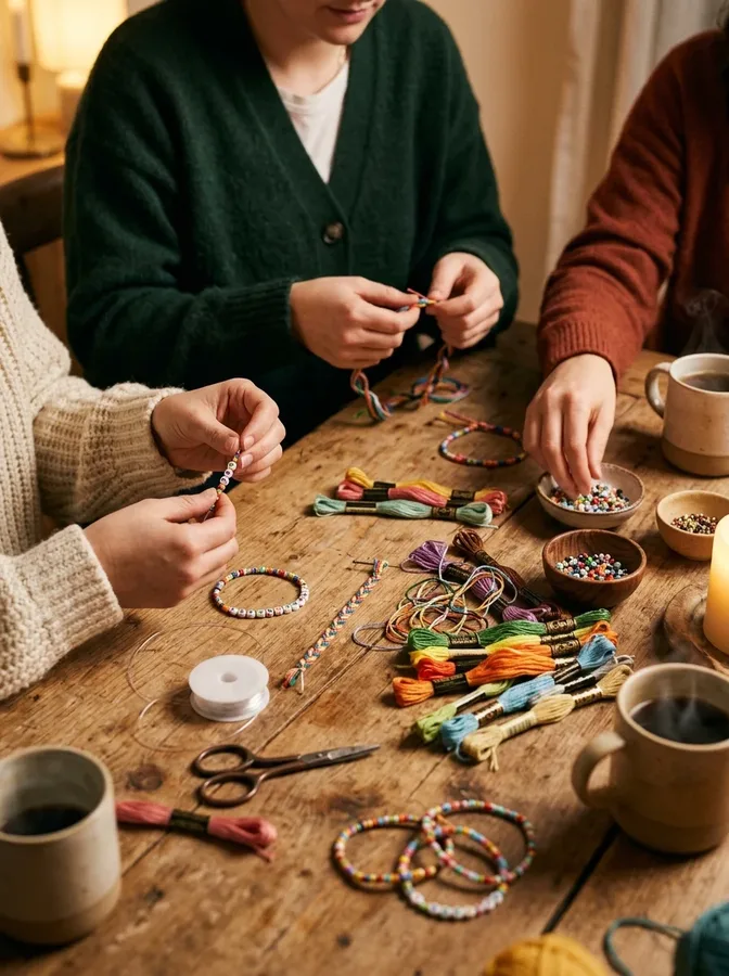Hands making colorful friendship bracelets with embroidery thread, alphabet beads, and craft supplies.