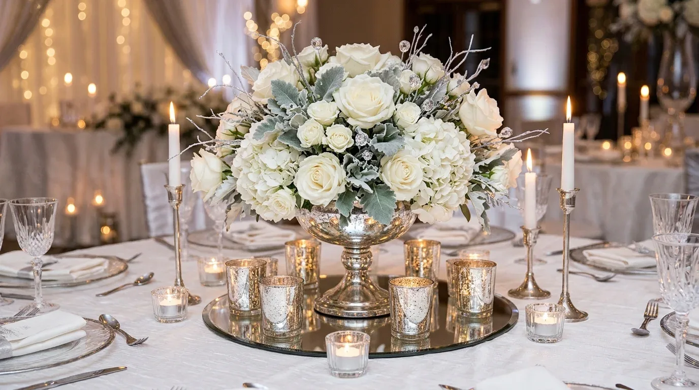 Silver and white winter wedding centerpiece with white flowers, mercury glass, and reflective accents.