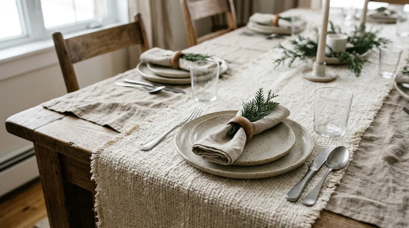 Farmhouse table setting with layered linen textiles, stoneware plates, and natural winter accents.
