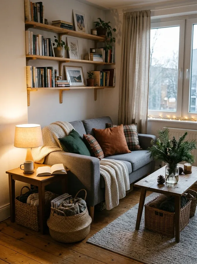 Small apartment with affordable winter decor, warm lighting, soft blankets, and practical storage