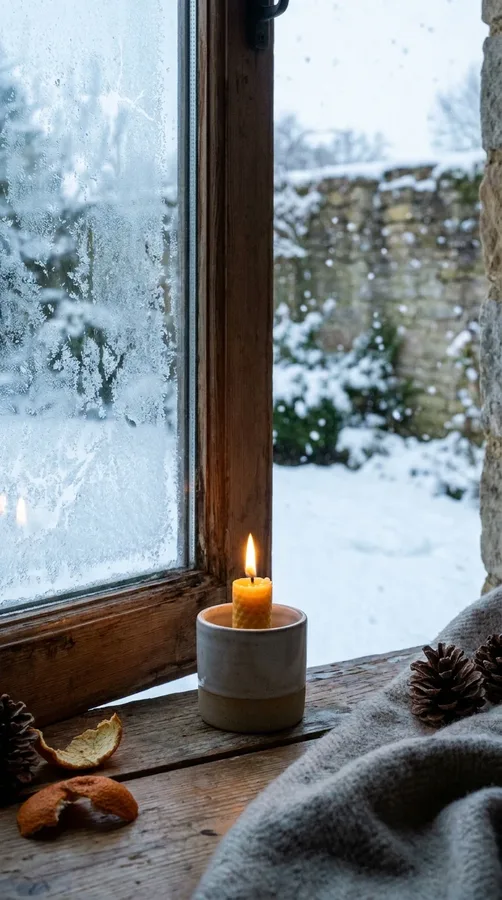 A steady candle glowing on a windowsill while snow falls outside a frosted window.