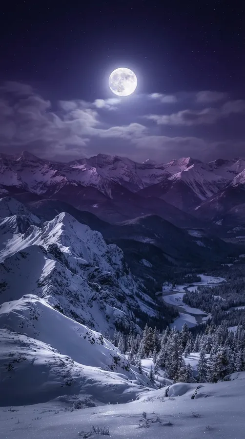 Moonlit snowy mountains in layered lavender and deep purple beneath a bright winter moon.