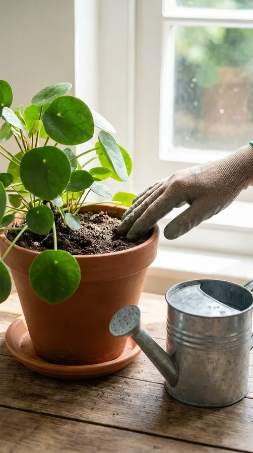 Checking soil moisture before watering a healthy Chinese money plant.