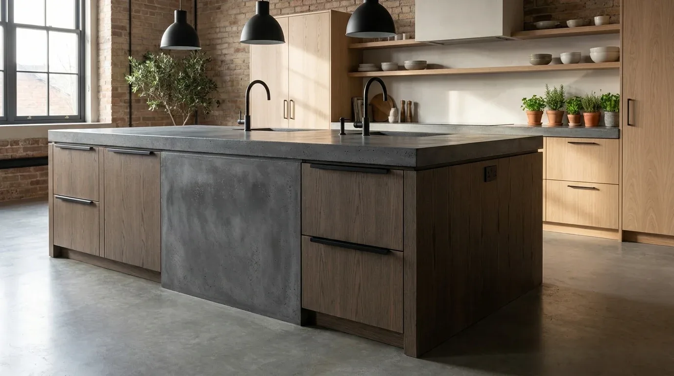 Charcoal concrete kitchen island with a textured industrial-style countertop.