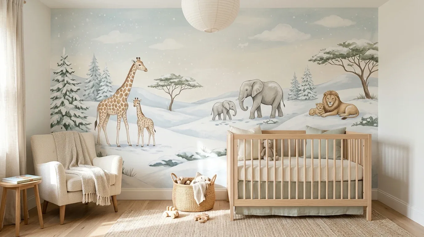 Whimsical winter safari mural with friendly animals, snowy hills, and frosty trees.