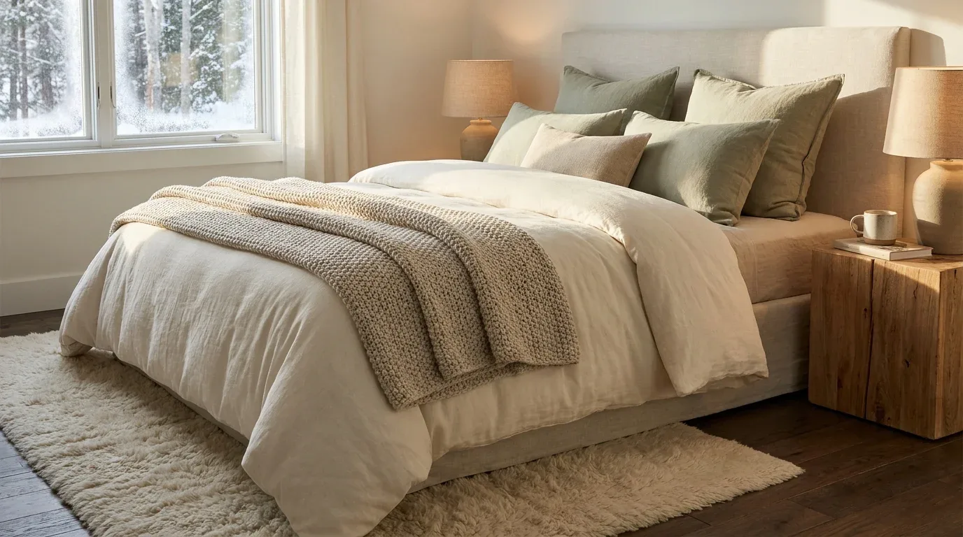 Cozy winter bedroom with layered bedding, knitted blanket, soft pillows, and warm bedside lighting.