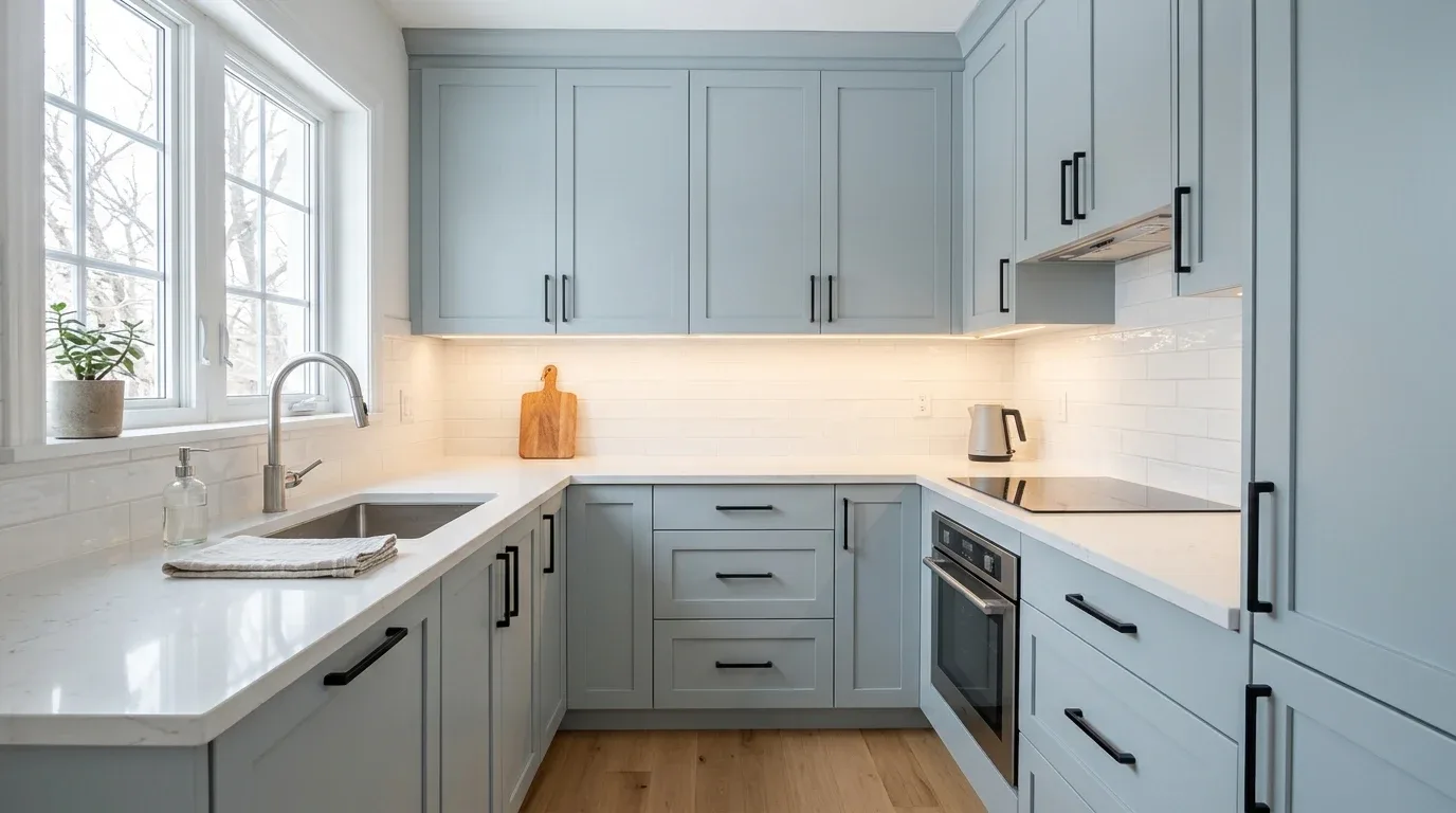 Coastal blue kitchen with white surfaces, pale oak, woven stools, and natural textures.