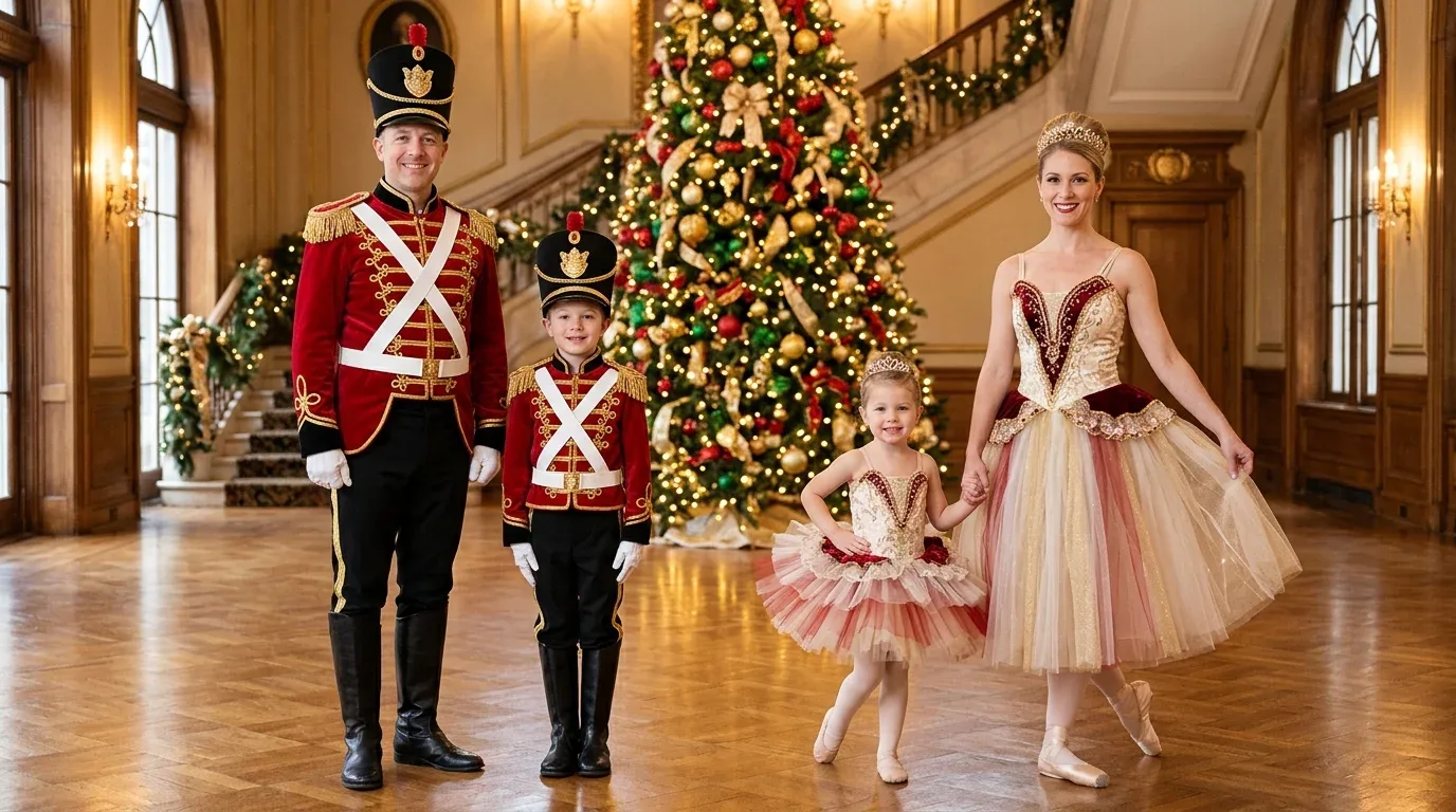 Family in elegant Nutcracker-inspired toy soldier and Christmas ballerina costumes.