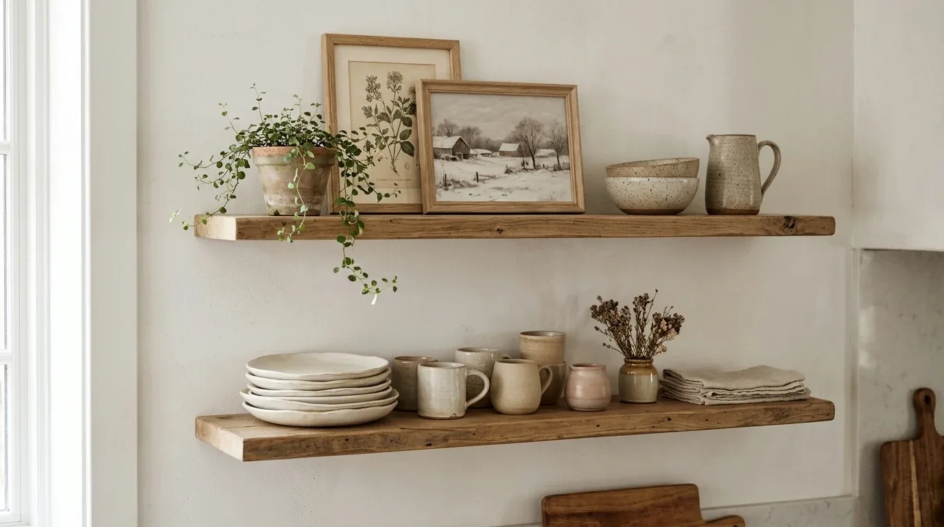 Vintage botanical artwork and framed winter prints decorating open kitchen shelves.