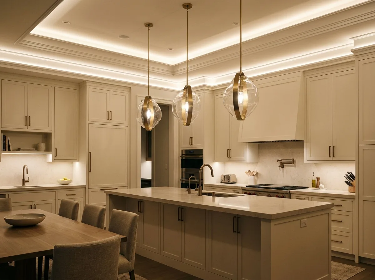 Luxury open kitchen with a waterfall island, white stone surfaces, and streamlined cabinets.