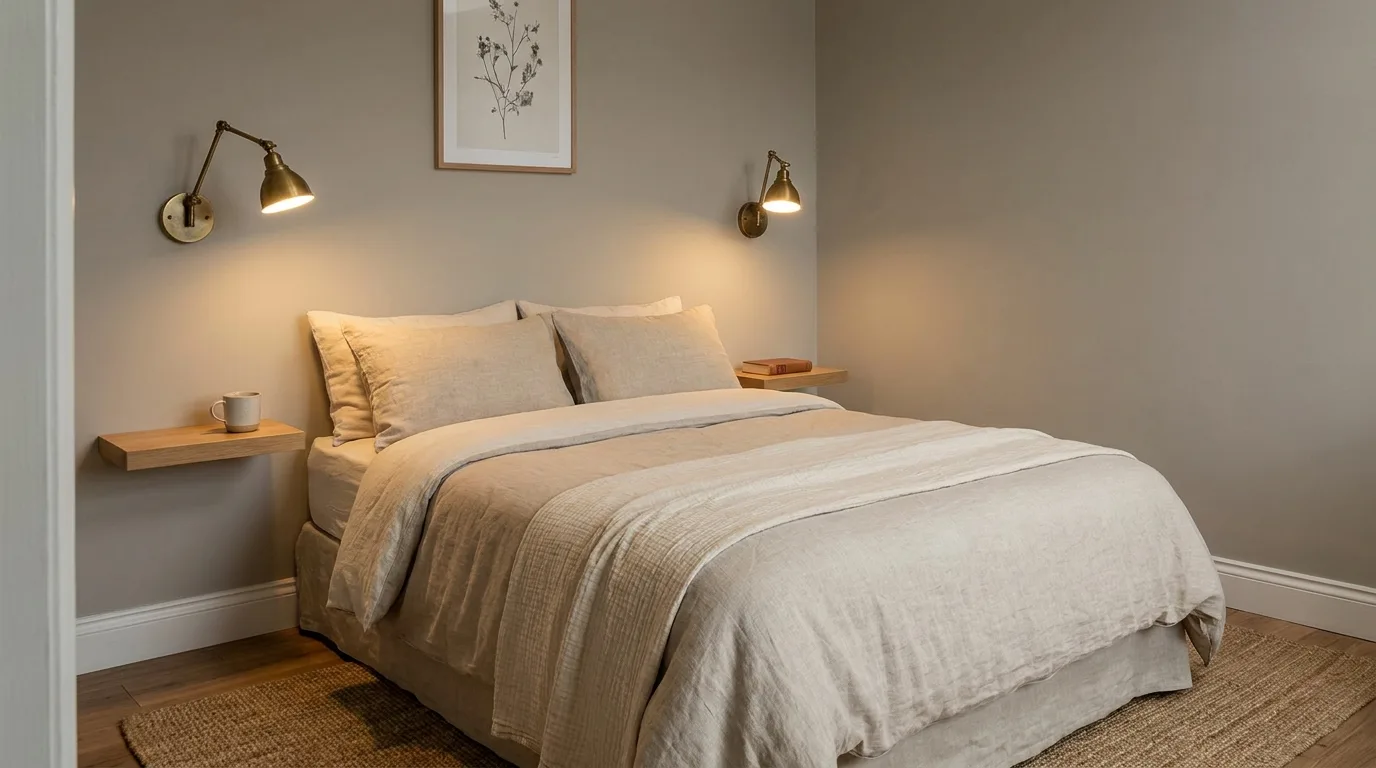 Wall-mounted bedside reading lights that free up nightstand space in a small bedroom.